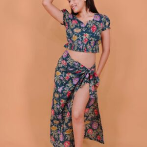 Floral Printed Two-Piece Western Crop Top & Side Slit Skirt