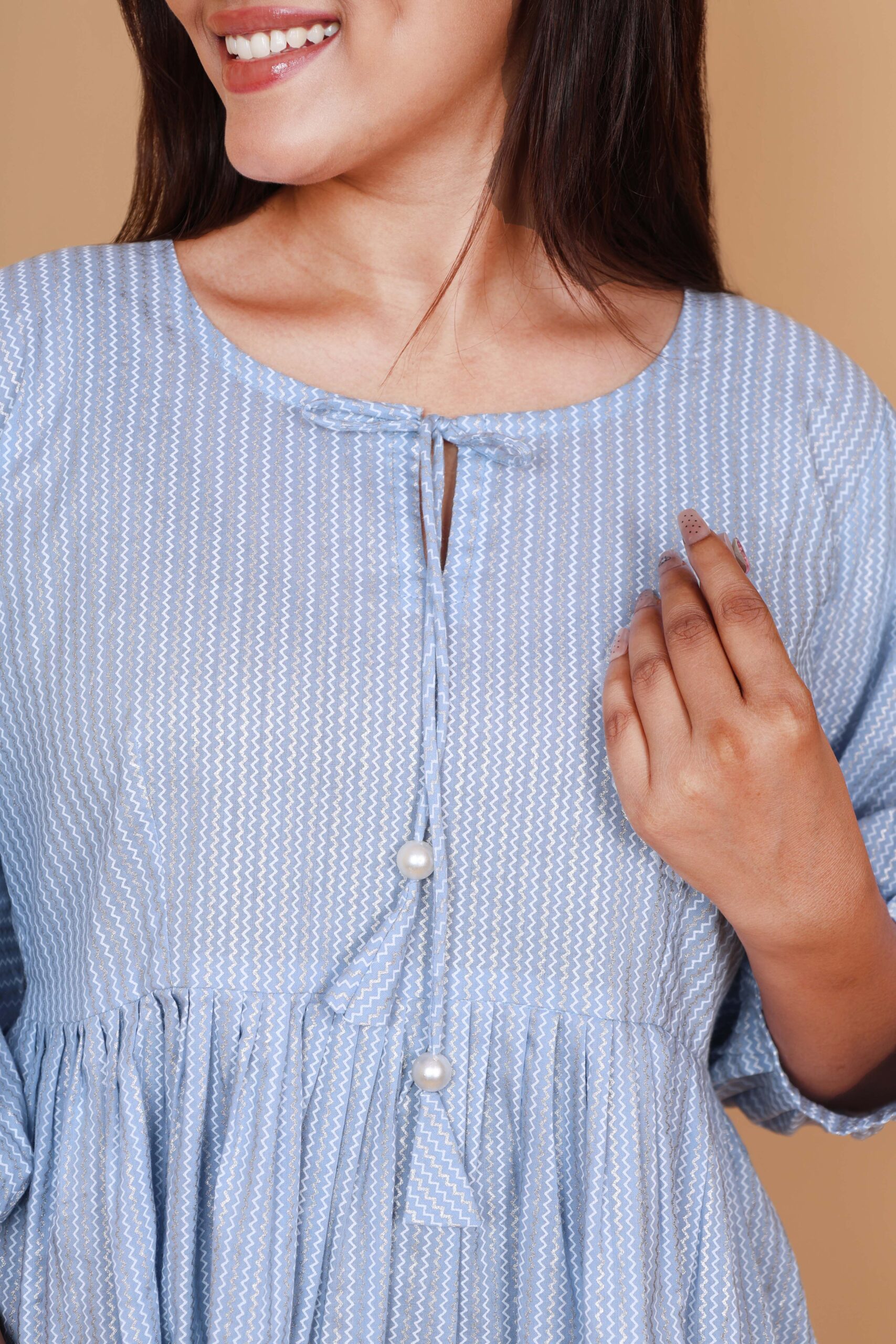Light Blue Striped Cotton Kurta with Balloon Sleeves - Image 2