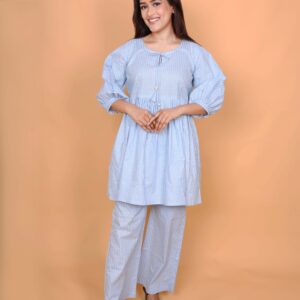 Light Blue Striped Cotton Kurta with Balloon Sleeves