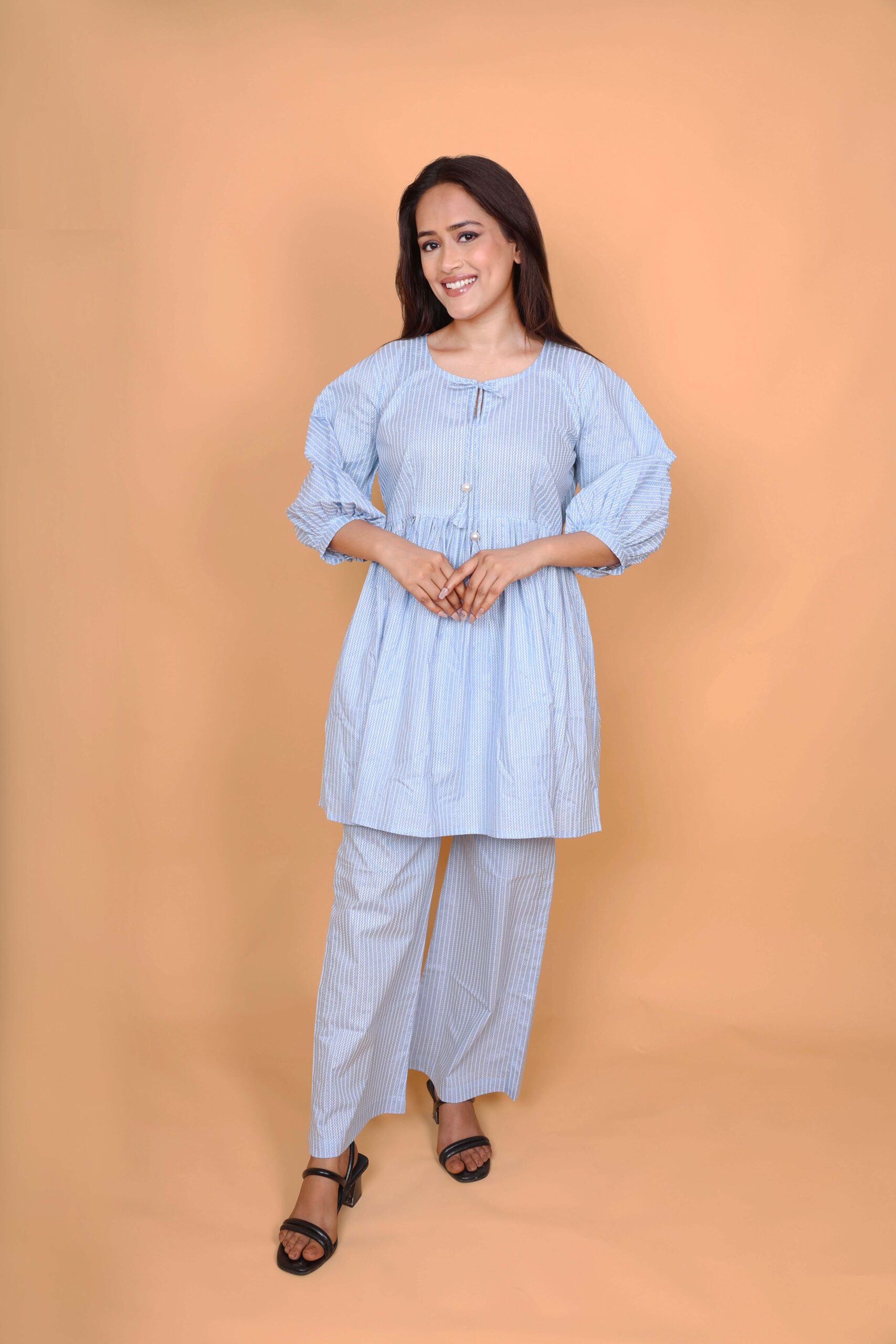 Light Blue Striped Cotton Kurta with Balloon Sleeves