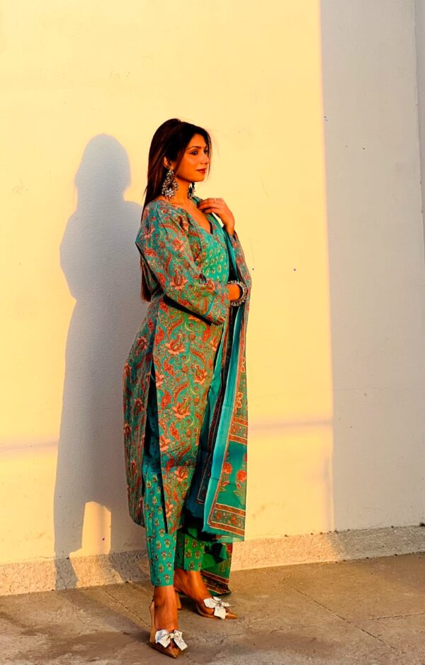Elegant Teal Blue Cotton Printed Suit Set with Dupatta – Ethnic Wear for Women - Image 5