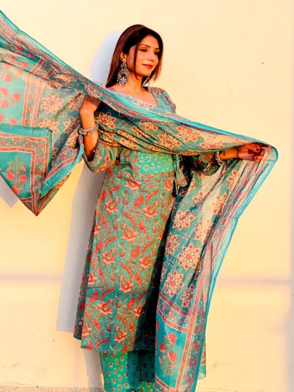 Elegant Teal Blue Cotton Printed Suit Set with Dupatta – Ethnic Wear for Women - Image 3