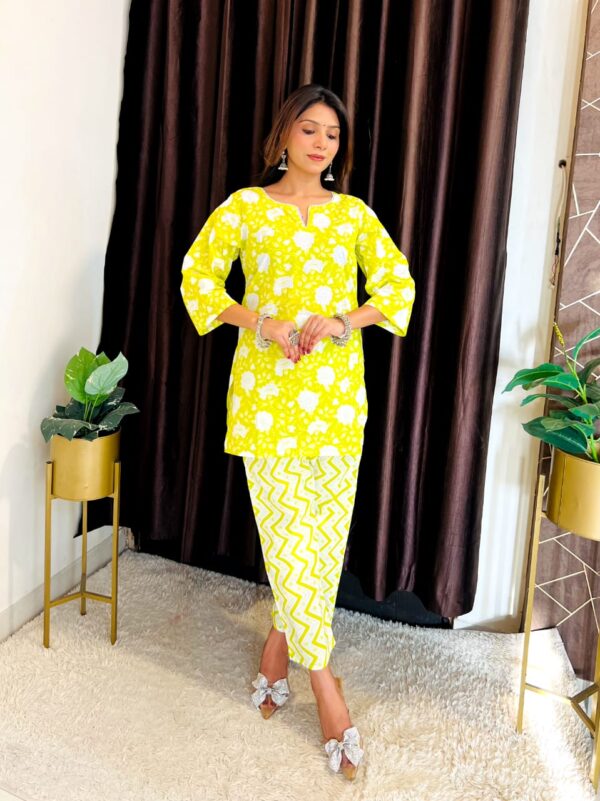 Bright Yellow & White Floral Printed Cotton Kurta Set with Zigzag Pants for Women