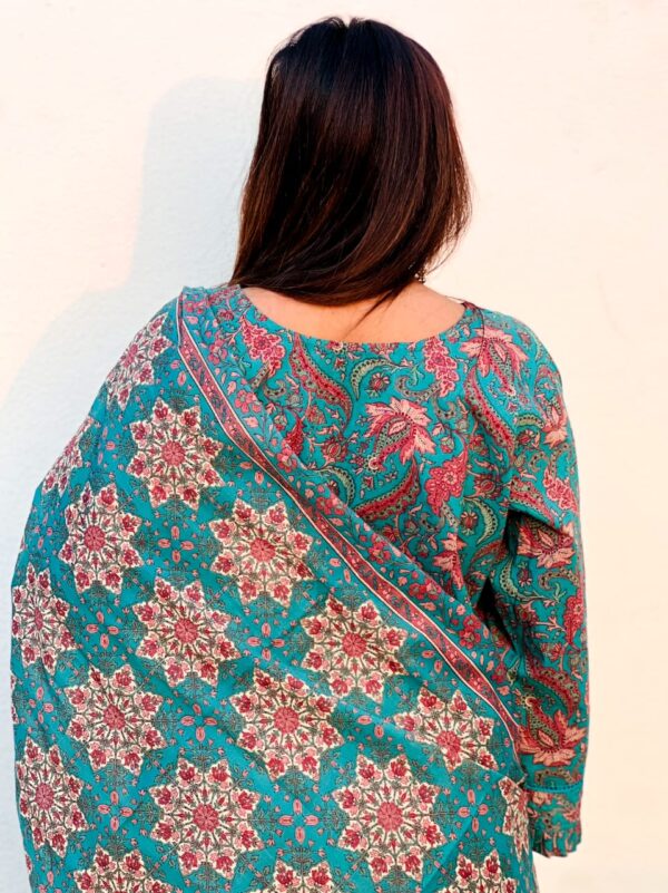Elegant Teal Blue Cotton Printed Suit Set with Dupatta – Ethnic Wear for Women - Image 2