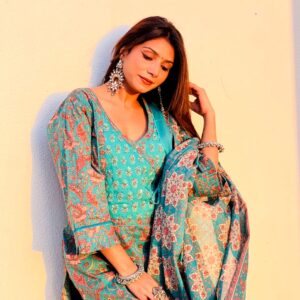 Elegant Teal Blue Cotton Printed Suit Set with Dupatta – Ethnic Wear for Women