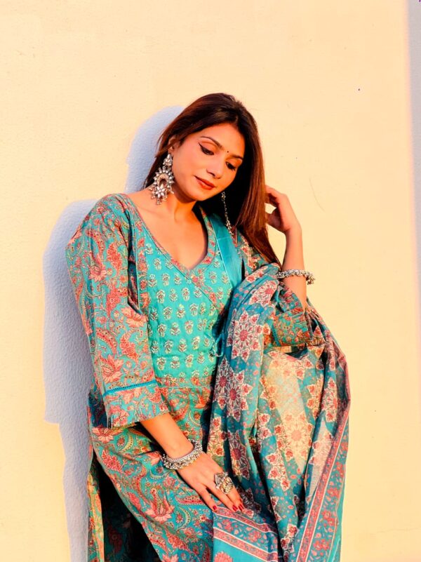 Elegant Teal Blue Cotton Printed Suit Set with Dupatta – Ethnic Wear for Women