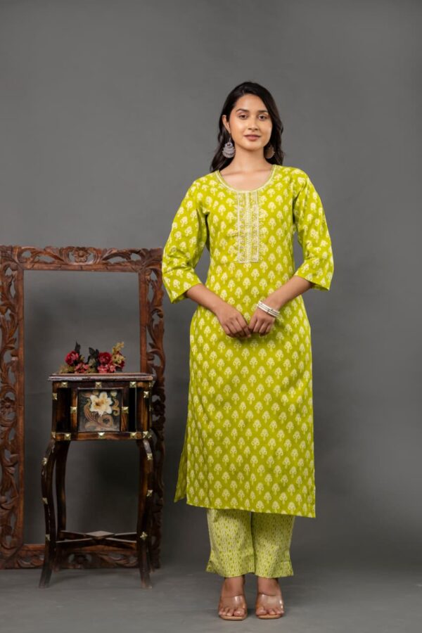 Lime Green Cotton Printed Kurta Set with Matching Pants & Dupatta – Stylish Women’s Ethnic Wear - Image 2