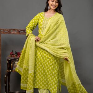 Lime Green Cotton Printed Kurta Set with Matching Pants & Dupatta – Stylish Women’s Ethnic Wear