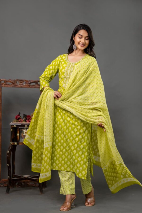 Lime Green Cotton Printed Kurta Set with Matching Pants & Dupatta – Stylish Women’s Ethnic Wear