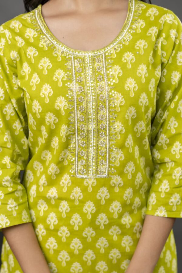 Lime Green Cotton Printed Kurta Set with Matching Pants & Dupatta – Stylish Women’s Ethnic Wear - Image 3