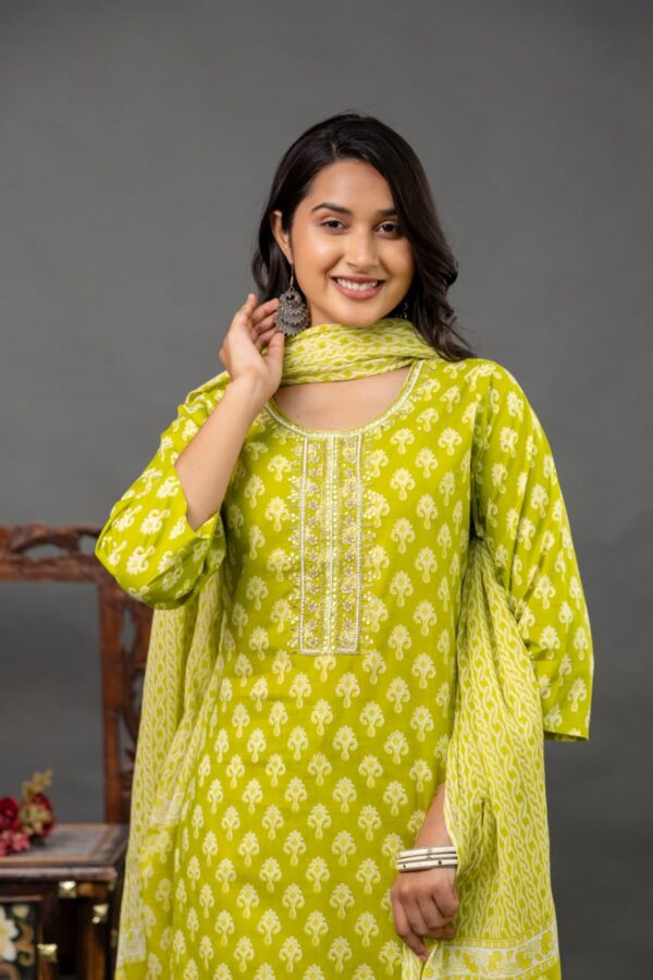 Lime Green Cotton Printed Kurta Set with Matching Pants & Dupatta – Stylish Women’s Ethnic Wear - Image 4