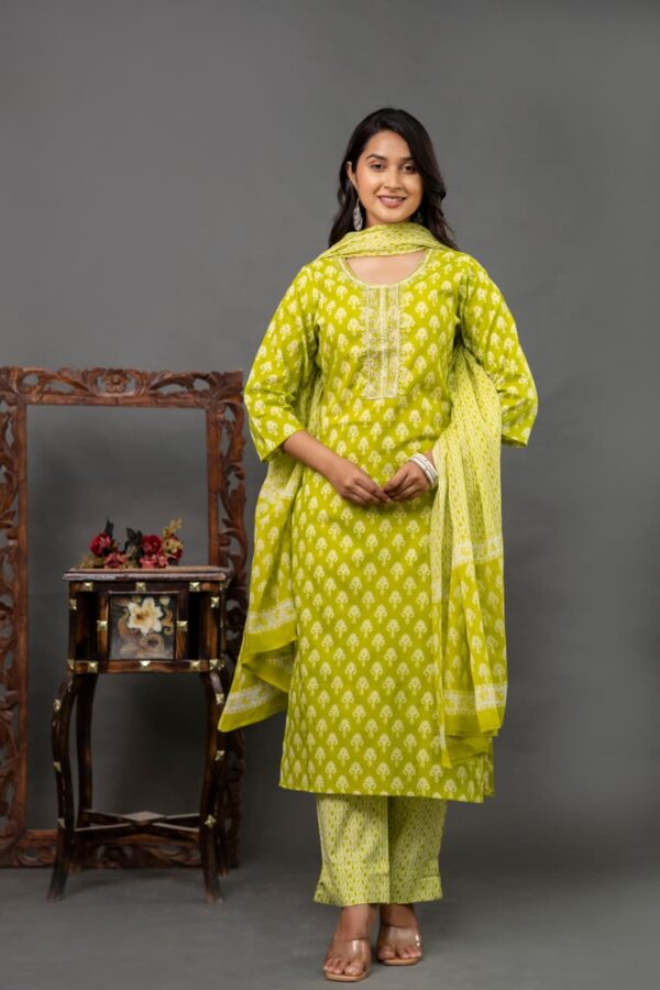Lime Green Cotton Printed Kurta Set with Matching Pants & Dupatta – Stylish Women’s Ethnic Wear - Image 5
