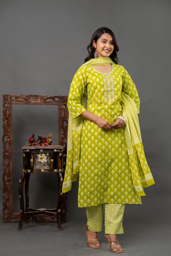 Lime Green Cotton Printed Kurta Set with Matching Pants & Dupatta – Stylish Women’s Ethnic Wear - Image 6