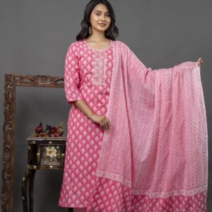 Pink Cotton Printed Kurta Set with Matching Pants & Dupatta – Elegant Women’s Ethnic Wear