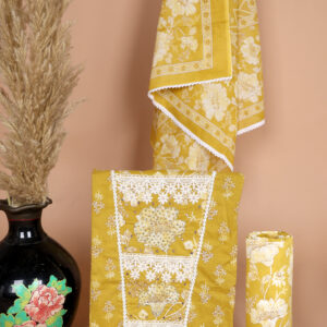Mustard Yellow Floral Printed Cotton Dress Material with Embroidered Neck Design