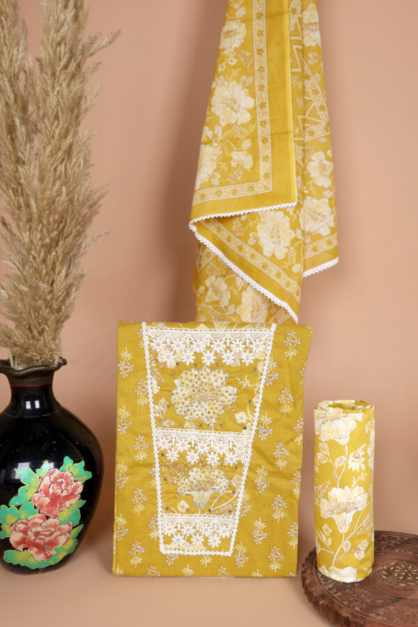 Mustard Yellow Floral Printed Cotton Dress Material with Embroidered Neck Design