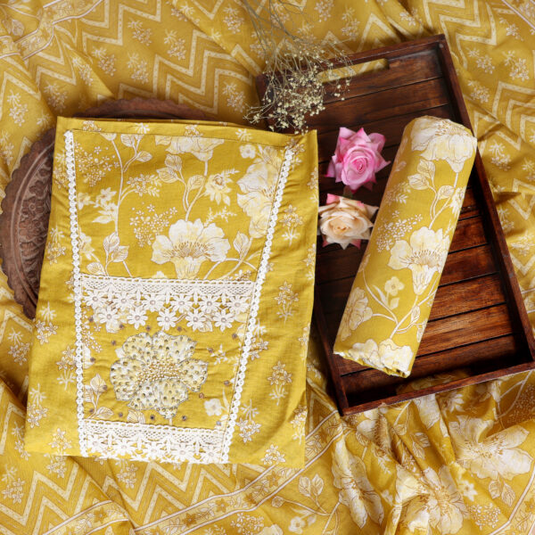 Mustard Yellow Floral Printed Cotton Dress Material with Embroidered Neck Design - Image 5