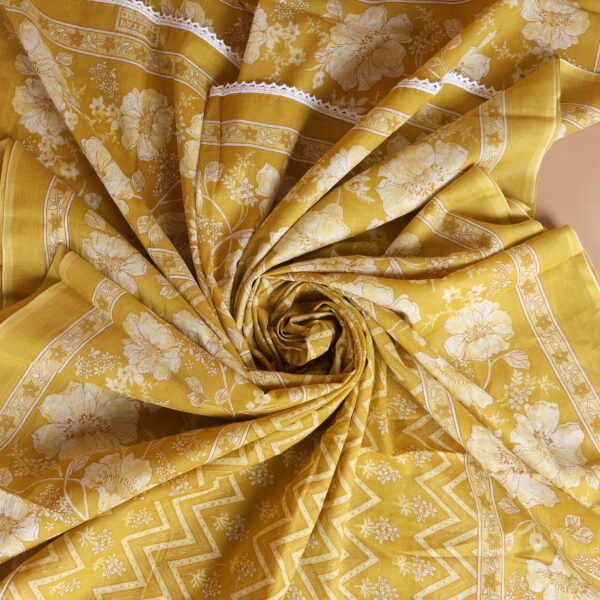 Mustard Yellow Floral Printed Cotton Dress Material with Embroidered Neck Design - Image 4
