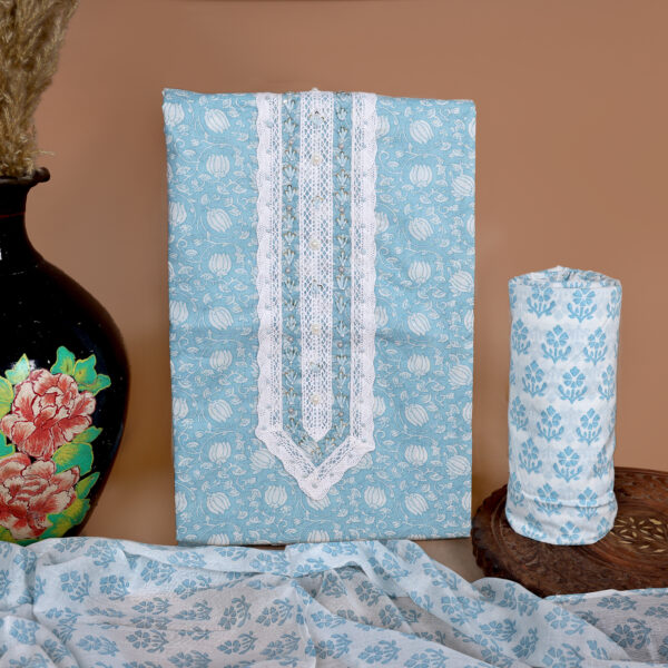 Sky Blue Handcrafted Cotton Suit Set with Printed Dupatta | Elegant Jaipur Print Dress Material - Image 2