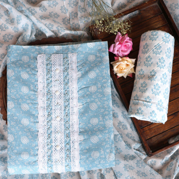 Sky Blue Handcrafted Cotton Suit Set with Printed Dupatta | Elegant Jaipur Print Dress Material - Image 4