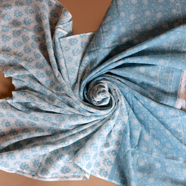 Sky Blue Handcrafted Cotton Suit Set with Printed Dupatta | Elegant Jaipur Print Dress Material - Image 3