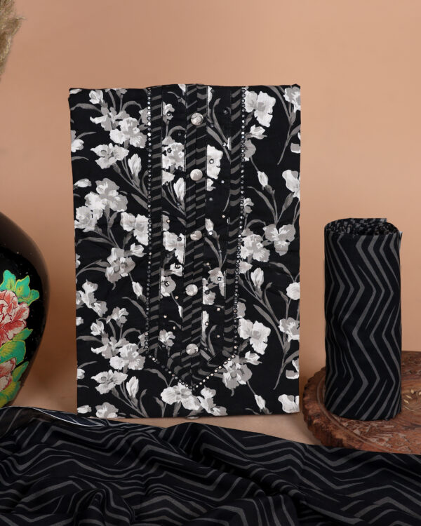 Black & White Floral Printed Unstitched Suit Set with Dupatta - Image 3