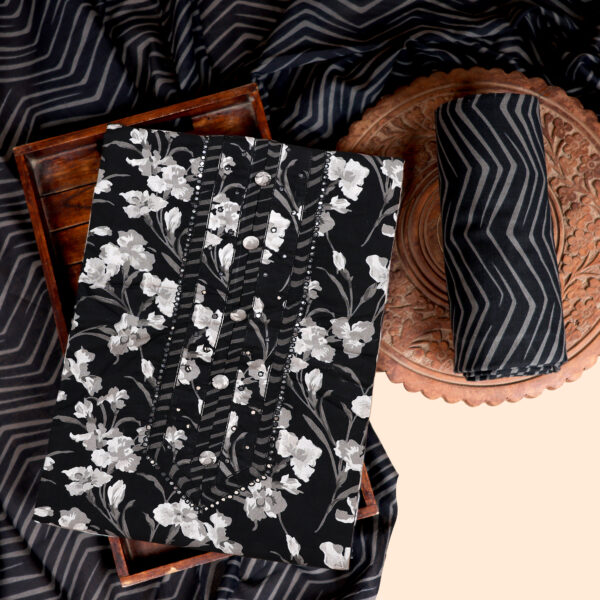Black & White Floral Printed Unstitched Suit Set with Dupatta - Image 2