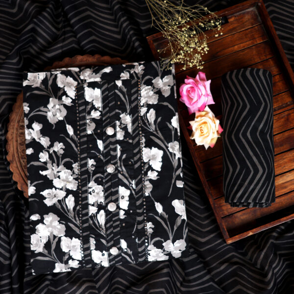 Black & White Floral Printed Unstitched Suit Set with Dupatta - Image 4