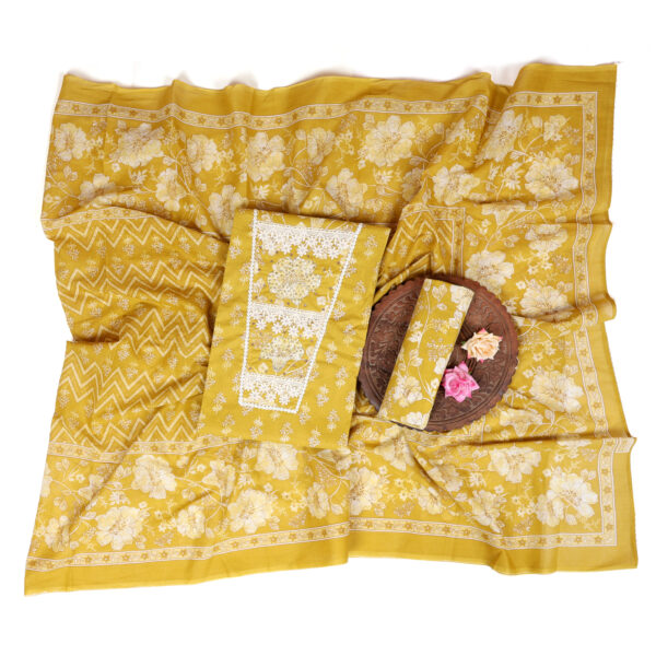 Mustard Yellow Floral Printed Cotton Dress Material with Embroidered Neck Design - Image 3