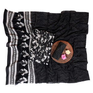 Black & White Floral Printed Unstitched Suit Set with Dupatta
