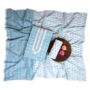 Sky Blue Handcrafted Cotton Suit Set with Printed Dupatta | Elegant Jaipur Print Dress Material