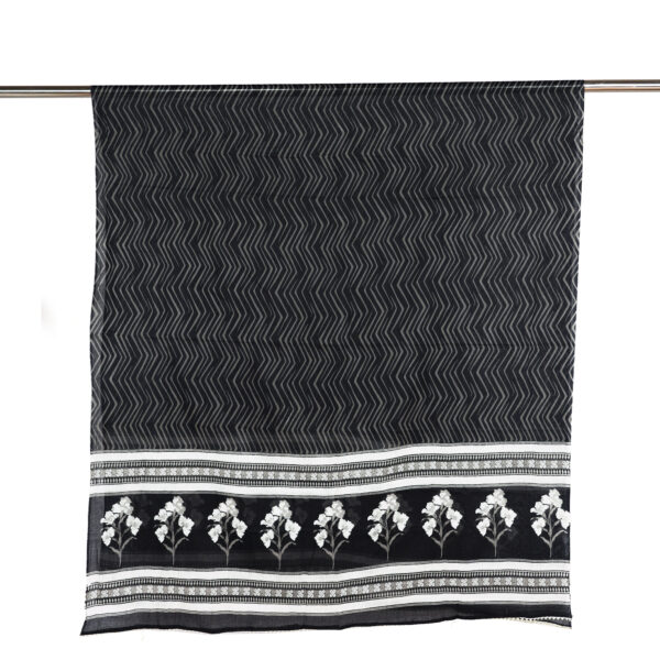 Black & White Floral Printed Unstitched Suit Set with Dupatta - Image 5