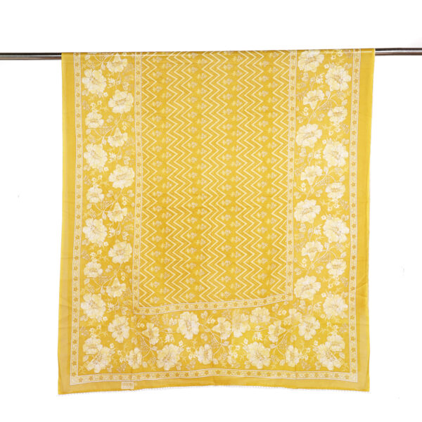 Mustard Yellow Floral Printed Cotton Dress Material with Embroidered Neck Design - Image 2