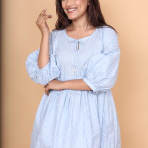 Light Blue Striped Cotton Kurta with Balloon Sleeves