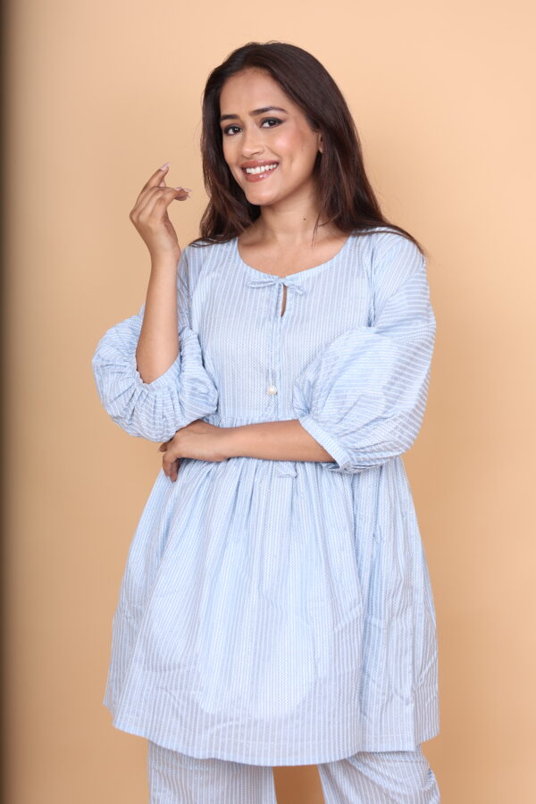 Light Blue Striped Cotton Kurta with Balloon Sleeves