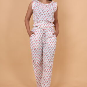 White Cotton Printed Co-Ord Set with Sleeveless Top & Pants