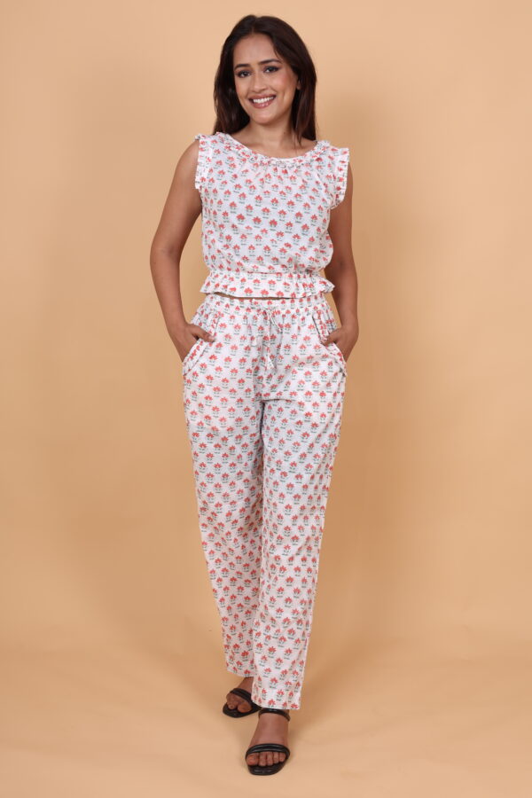 White Cotton Printed Co-Ord Set with Sleeveless Top & Pants