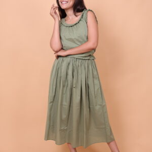 Olive Green Sleeveless Midi Dress with Ruffle Detailing