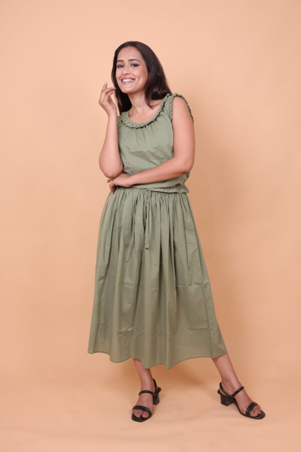 Olive Green Sleeveless Midi Dress with Ruffle Detailing