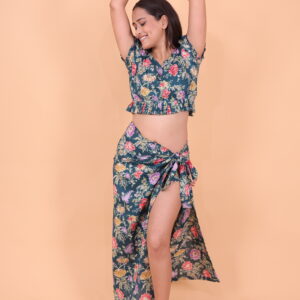 Floral Printed Two-Piece Western Crop Top & Side Slit Skirt