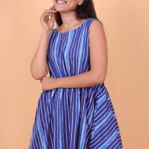 Blue Cotton Sleeveless A-Line Dress with White Stripes