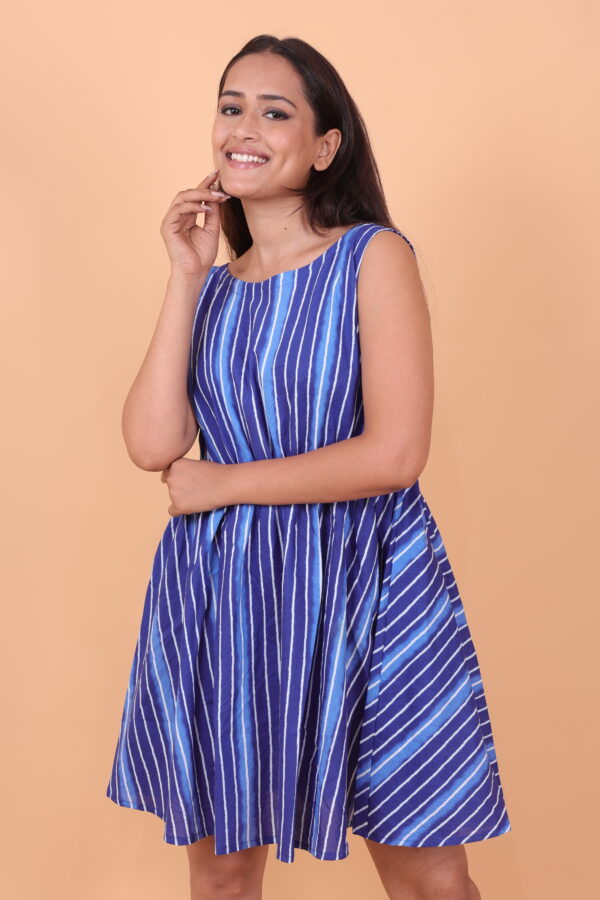 Blue Cotton Sleeveless A-Line Dress with White Stripes