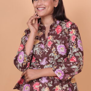 Brown Floral Peplum Top with Mandarin Collar & 3/4 Sleeves