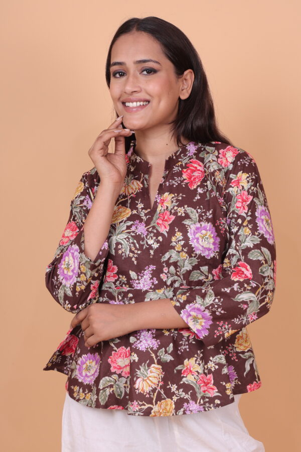 Brown Floral Peplum Top with Mandarin Collar & 3/4 Sleeves