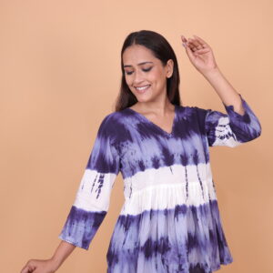 Indigo & White Tie-Dye Tunic Top with V-Neck and Flared Hem
