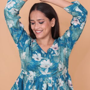 Teal Blue Floral Peplum Top with V-Neck & Long Sleeves