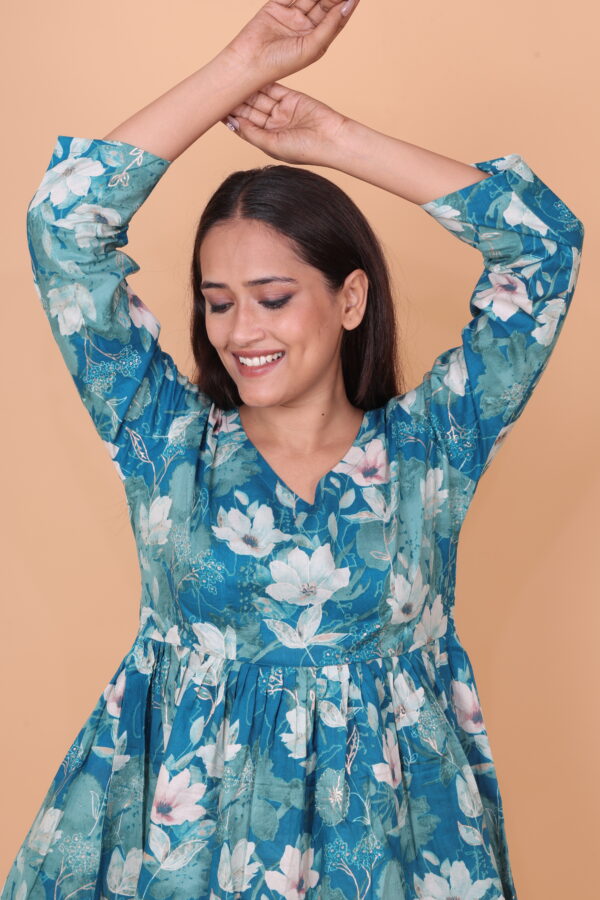 Teal Blue Floral Peplum Top with V-Neck & Long Sleeves
