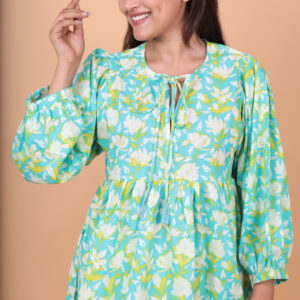 Aqua Blue Floral Tunic Top with Tie Neck & Balloon Sleeves