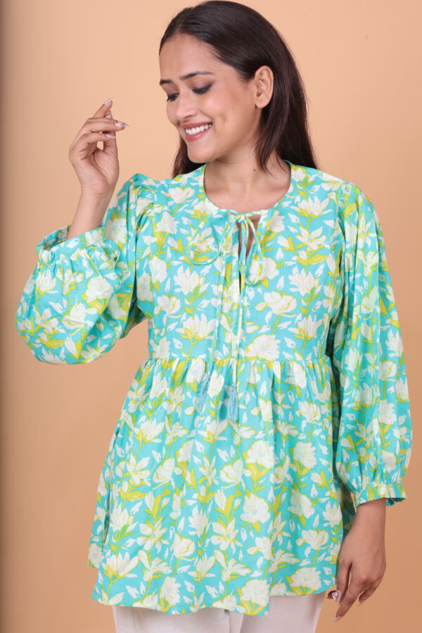 Aqua Blue Floral Tunic Top with Tie Neck & Balloon Sleeves
