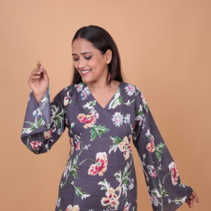 Floral Printed Kurta – dark gray V-Neck Long Sleeve Ethnic Tunic for Casual Wear